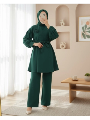 Çapraz Yaka Gül Detaylı Kemerli İkili Takım  -Zümrüt