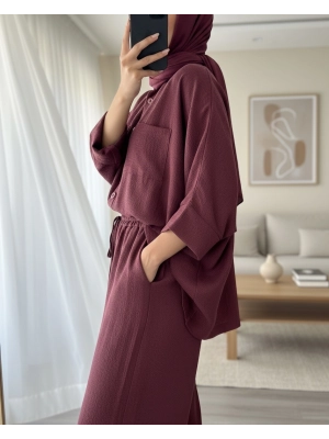 Double Pocket Half Bat Sleeve Loose Shirt Set  -Maroon