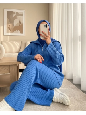 Yarım Boğazlı Fitilli Triko Takım -Mavi