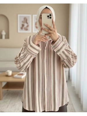 Embossed Striped Single Pocket Oversize Shirt -Brown