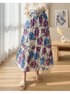 Patterned Belt Elastic Waist Linen Skirt - Purple