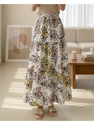 Patterned Belt Elastic Waist Linen Skirt -Powder