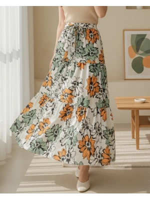 Patterned Belt Elastic Waist Linen Skirt -Green