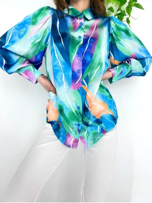 Colorful Juicy Pattern Satin Shirt - Turquoise