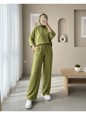 Double Pocket Half Bat Sleeve Loose Shirt Set -PISTACHIO GREEN