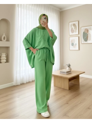 Double Pocket Half Bat Sleeve Loose Shirt Set    -LIGHT GREEN