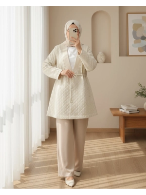 V Yaka Beli Bağcıklı Cepli Düğmeli Kap -Bej