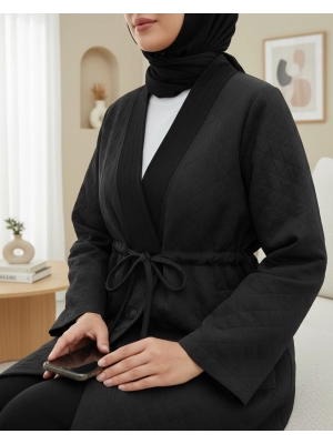 V Yaka Beli Bağcıklı Cepli Düğmeli Kap -Siyah