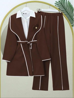 Kemerli Biyeli Pantolonlu Takım  -Kahve