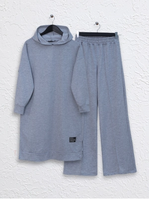 Kapşonlu Yırtmaçlı Çimalı Takım -Gri