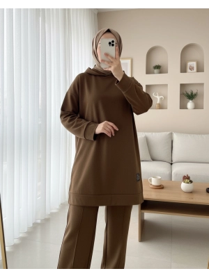 Kapşonlu Yırtmaçlı Çimalı Takım  -Kahve