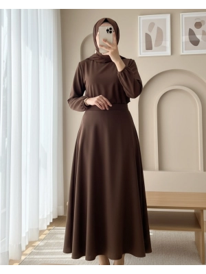 Loose Flared Scuba Puff Skirt   -Brown