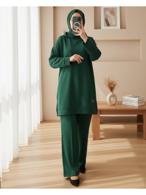 Kapşonlu Yırtmaçlı Çimalı Takım   -Zümrüt