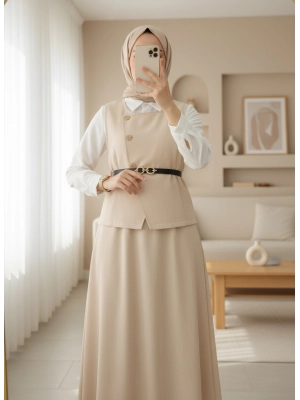 Çapraz Düğmeli Yelek Etek İkili Takım -Bej