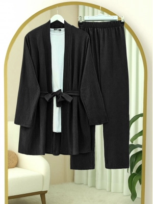 Yan Cepli Beli Kemerli Uzun Kol Pantolonlu Krinkıl Kimono Takım -Siyah