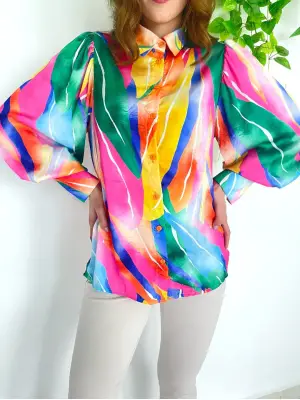 Colorful Juicy Pattern Satin Shirt -Orange