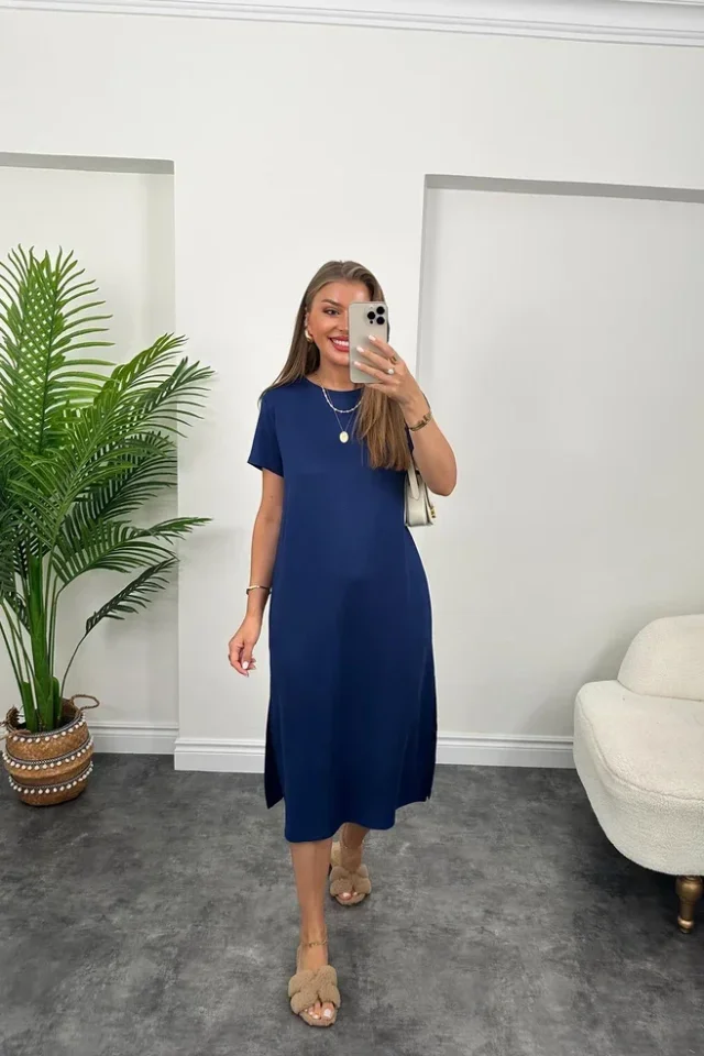 Women's Short Sleeve Slit Detailed Casual Viscose Dress