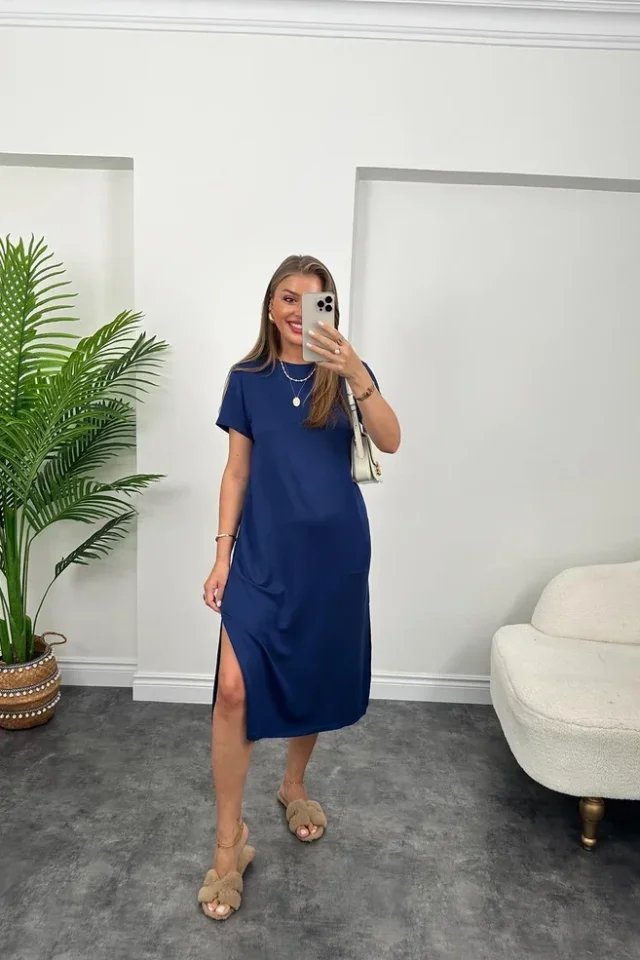Women's Short Sleeve Slit Detailed Casual Viscose Dress