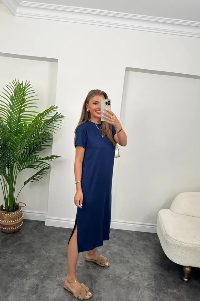 Women's Short Sleeve Slit Detailed Casual Viscose Dress