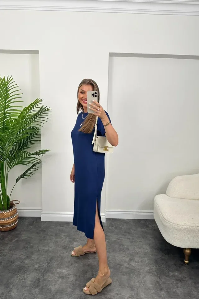 Women's Short Sleeve Slit Detailed Casual Viscose Dress