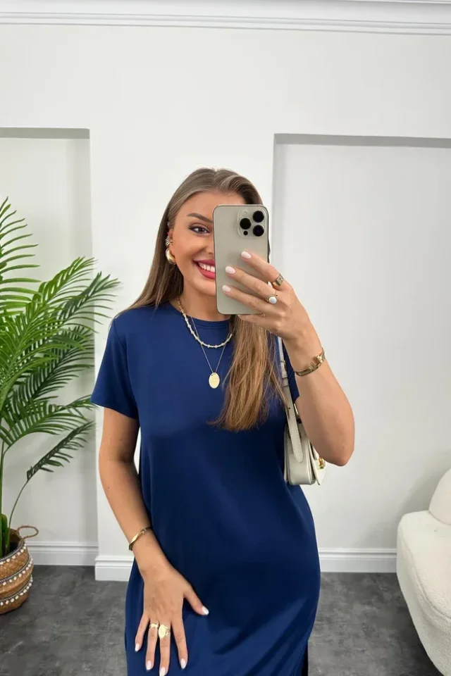 Women's Short Sleeve Slit Detailed Casual Viscose Dress