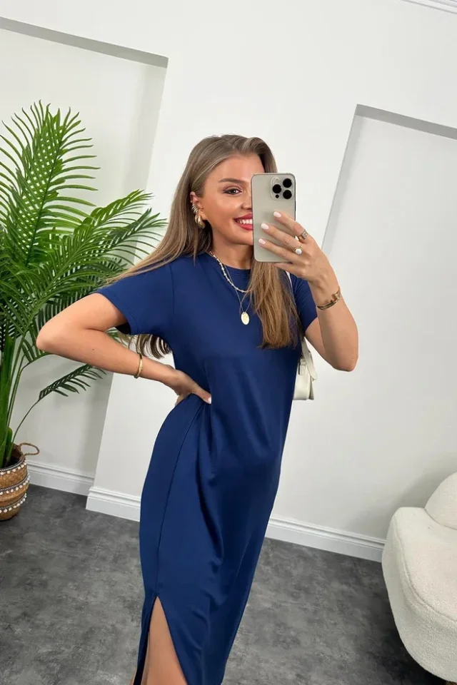 Women's Short Sleeve Slit Detailed Casual Viscose Dress